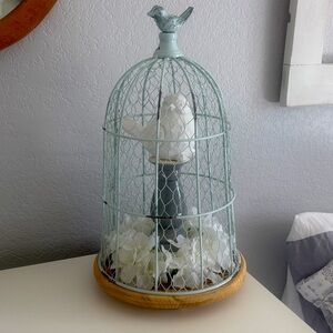 Decorative Birdcage with White Flowers and Bird